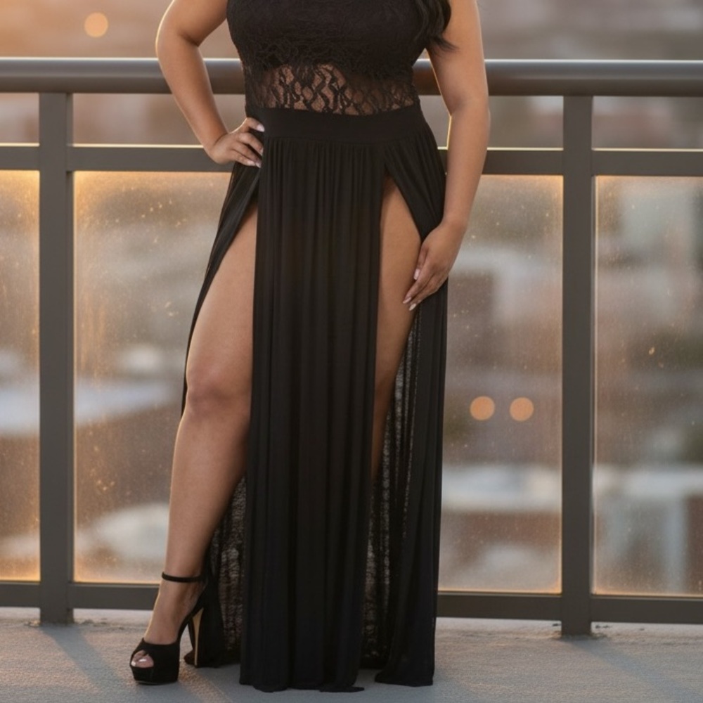 CIARA HIGH SLIT SHEER LACE TOP BLACK MAXI DRESS• 1X - Picture 3 of 5